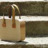Wooden hand bag with camel suede leather handles